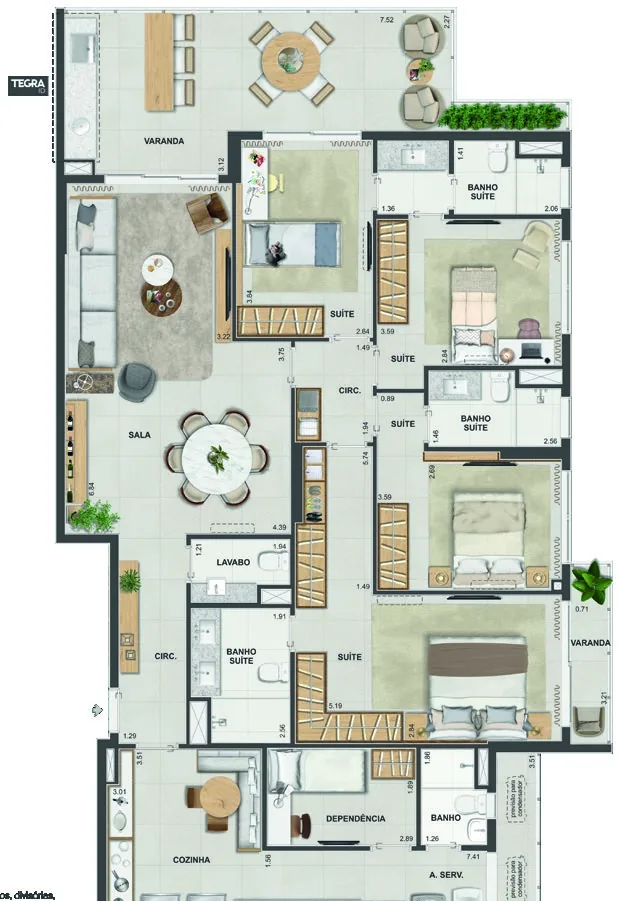 Planta do apartamento de 4 suítes com 173 m² do Gran Thai, edifício Shanti